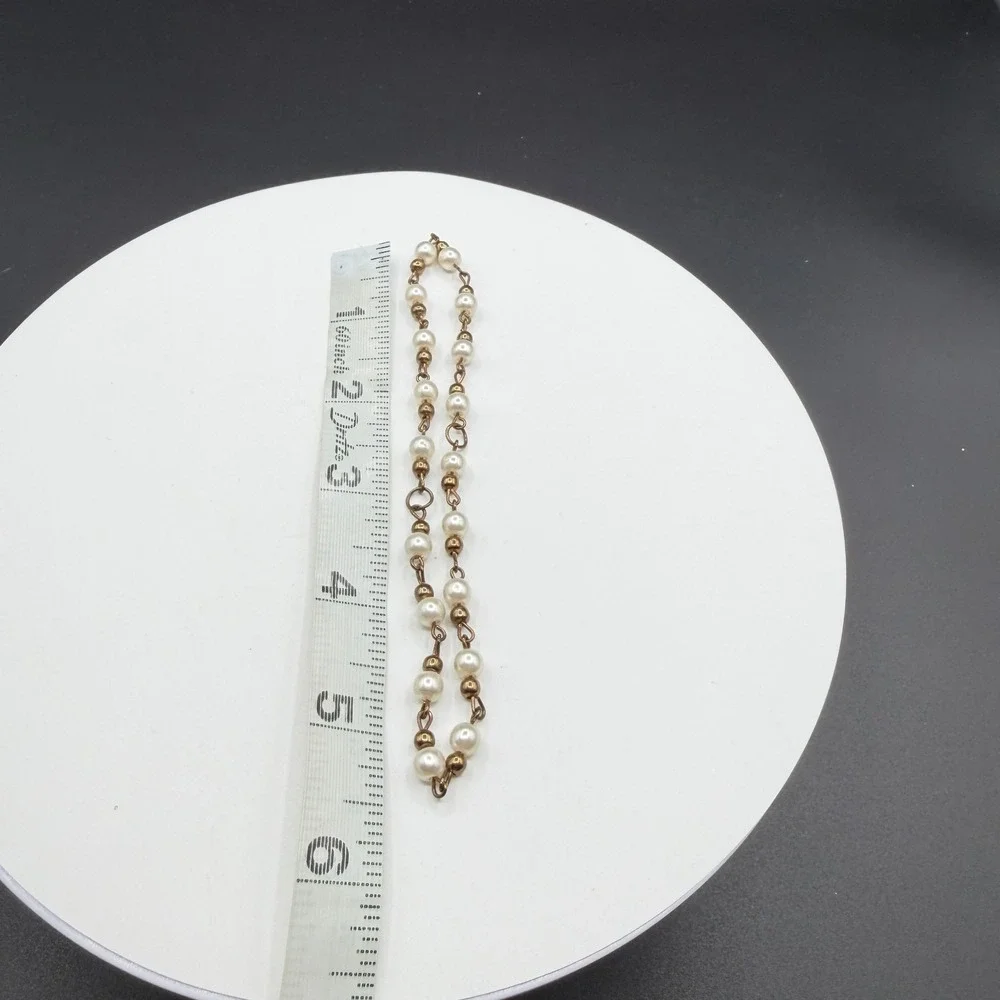 Faux Pearl Bronze Tone Link Chain Bracelet Coquette Romantic Boho Jewelry Gift